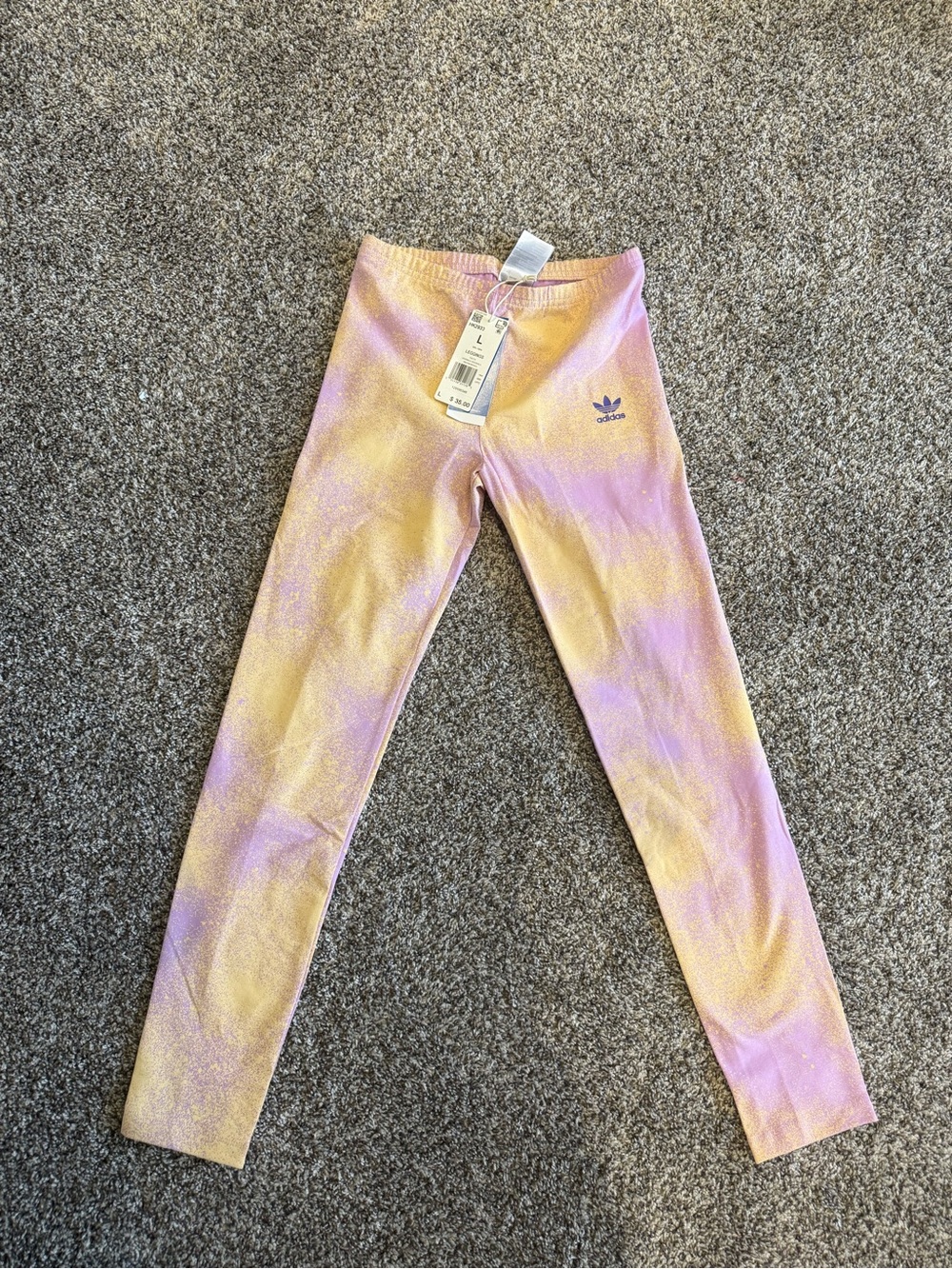 ADIDAS Girls' L 13/14 Pastel “Spray Paint” Leggings in Lavender and Yellow NWT